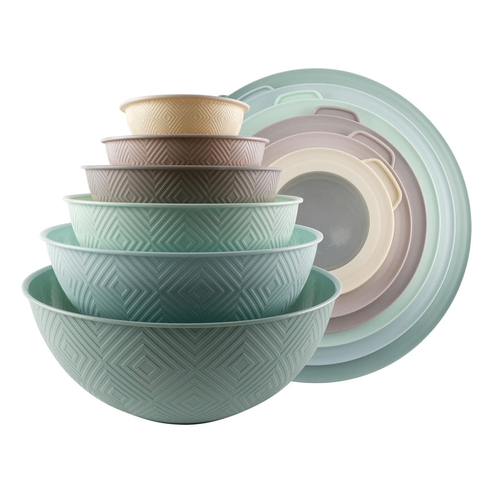 COOK WITH COLOR Mixing Bowls with Lids - 12 Piece Plastic Nesting Bowls Set includes 6 Prep Bowls and 6 Lids, Rhombus Design - Microwave Safe (Mint)