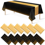 12Pack Disposable Plastic Tablecloths and Satin Table Runner Set Black and Gold Dot Tablecloth Gold Satin Table Runner for Wedding Birthday Baby Shower Anniversary Christmas New Year Party Supplies