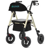 ELENKER All-Terrain Rollator Walker with 10” Non-Pneumatic Wheels, Sponge Padded Seat and Backrest, Fully Adjustment Frame for Seniors, Champagne