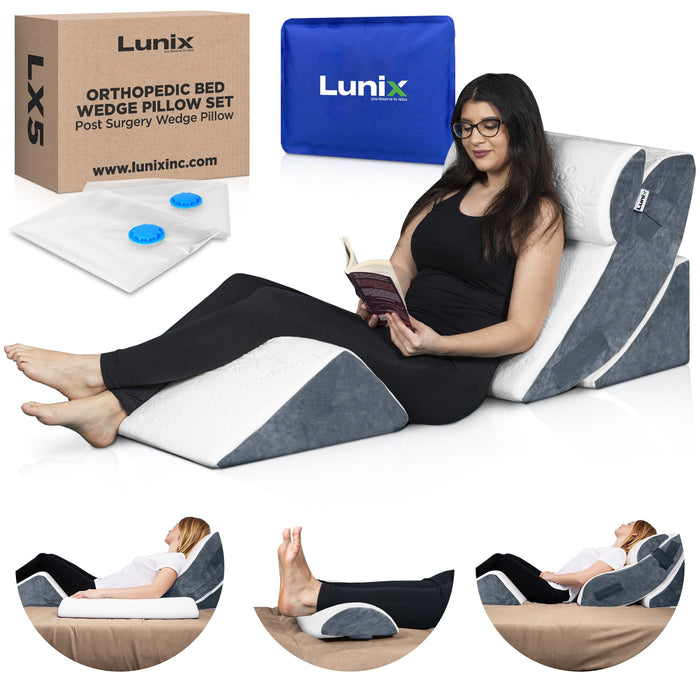 Lunix 4pcs Orthopedic Bed Wedge Pillow Set, Post Surgery Memory Foam for Back, Knee, Leg Pain Relief, Adjustable Sitting Pillow for Sleeping, Acid Reflux, GERD, with Hot Cold Pack, Navy for Kids