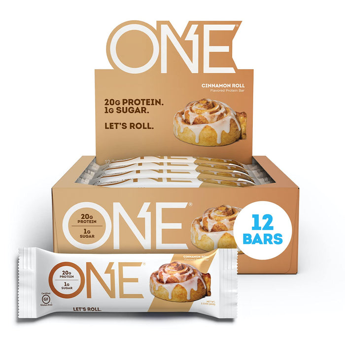 ONE Protein Bars, Cinnamon Roll, Gluten Free Protein Bars with 20g Protein and Only 1g Sugar, Guilt-Free Snacking for High Protein Diets, 2.12 oz (12 Count)