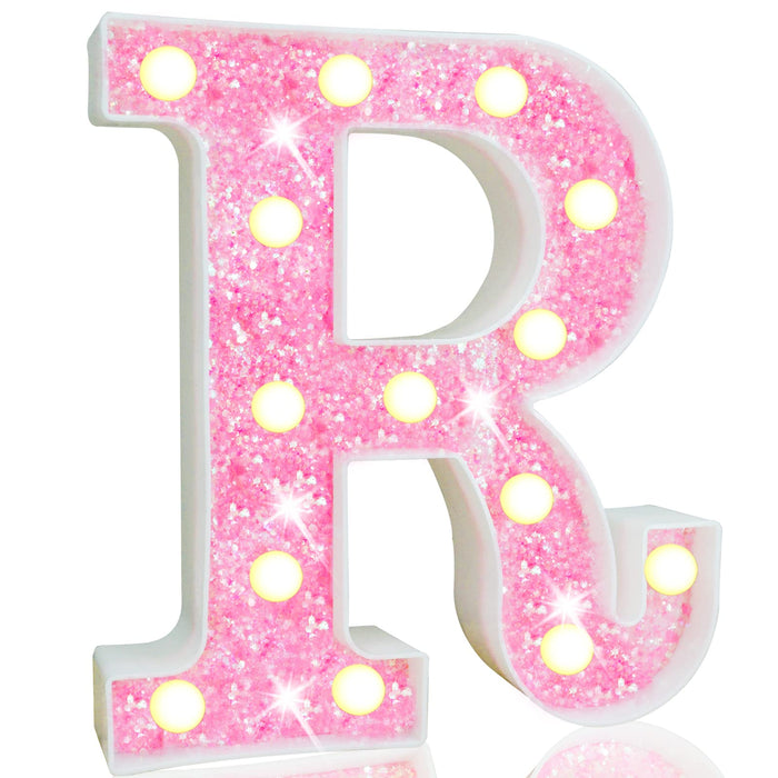 Pooqla LED Marquee Letter Lights, Light Up Pink Letters Glitter Alphabet Letter Sign Battery Powered for Night Light Birthday Party Wedding Girls Gifts Home Bar Christmas Decoration, Pink Letter R