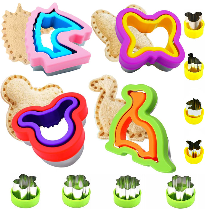 Uncrustable Maker, 12pcs Sandwich Cutter and Sealer sets, Uncrustable Sandwich Cutter, Decruster Sandwich Maker, Bread Cookie Cutters for Boys Girls Lunch & Bento Box (Dino Mouse Butterfly Unicorn)