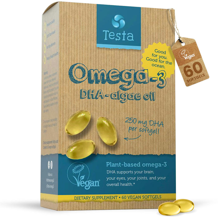 Testa Omega 3 Supplement - 250mg DHA from Algae Oil - Vegan Omega 3 - Supports Brain, Eye & Joint Health - Not from Fish, Pure Algae Capsules - Two Months Supply