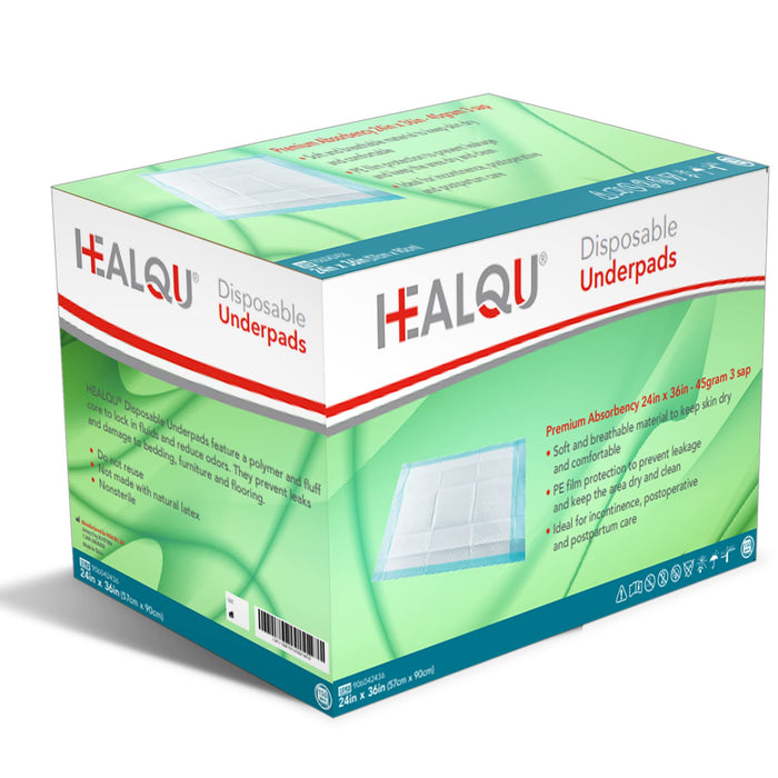 Healqu Disposable Underpads - Incontinence Bed Chux Pads for Adults, Kids, Elderly, and Pets - Fluid and Urine Bed Protection - Large, Super Absorbent Fluff and Polymer (24x36 Case of 150)