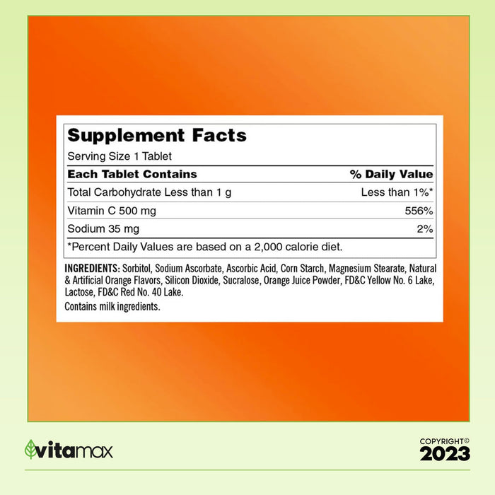 Generic Kirkland Signature Chewable Vitamin C 500 mg., 500 Tablets + Exclusive VitaMax Vitamin Guide - 2 Items