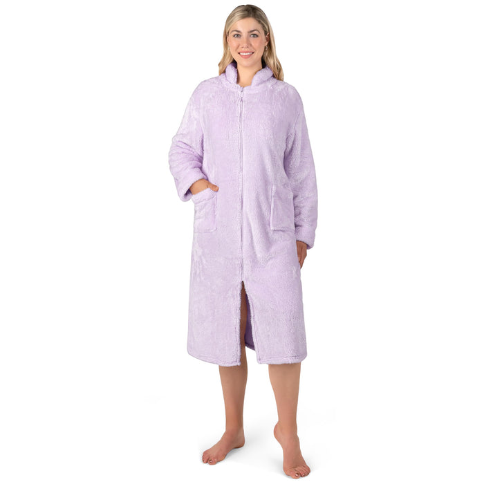 PAVILIA Womens Housecoat Zip Robe, Sherpa Zip Up Front Robe Bathrobe, Fuzzy Warm Zipper House Coat Lounger for Women Ladies Elderly with Pockets, Fluffy Fleece Long - Lavender Purple (Large/X-Large)