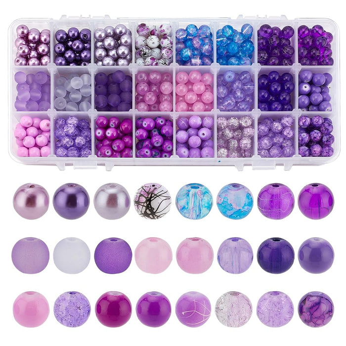 PH PandaHall 720pcs 8mm Purple Glass Beads 24 Color Round Bracelet Beads Loose Crystal Beads Craft Beads Bulk for Friendship Bracelet Earring Necklace Jewelry Making Halloween Christmas Tree Ornament