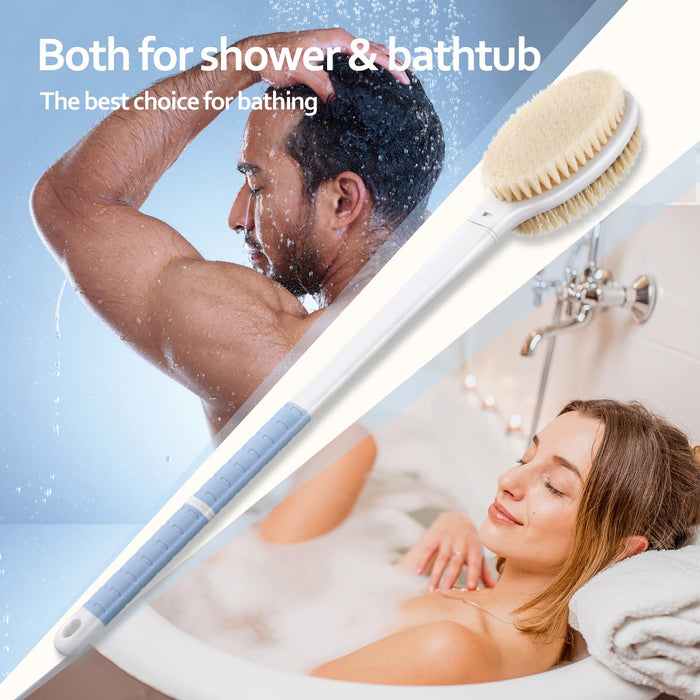 Back Scrubber Body Shower Brush: 20.5‘’ Extra Long Anti Slip Handle Bath Brush with Stiff and Soft Bristles - Showering Exfoliator for Women, Men, Elderly (Blue)