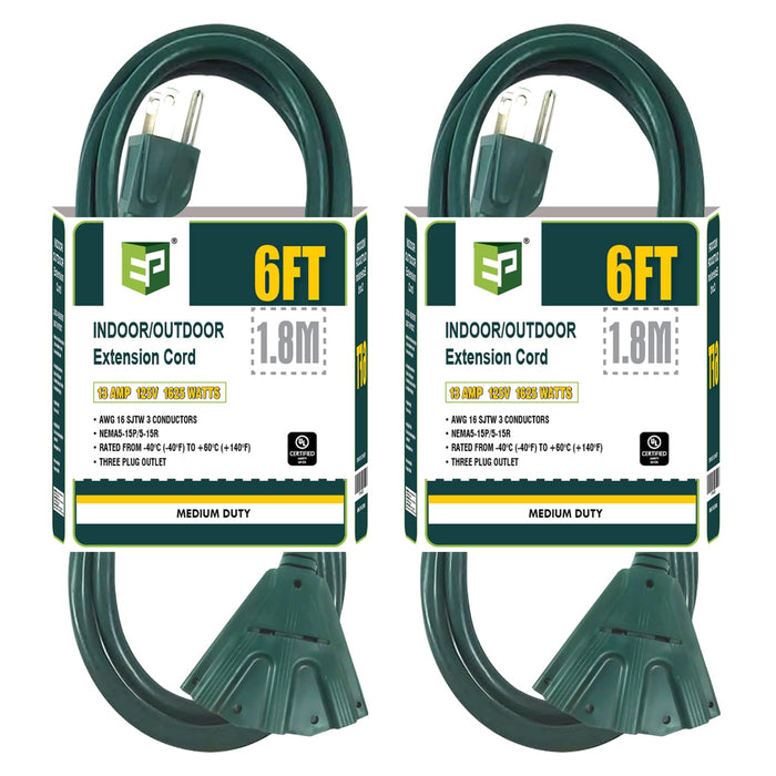 EP 2 Pack 6 Ft Outdoor Extension Cord with 3 Electrical Power Outlets - 16/3 SJTW Green Cable with 3 Prong Grounded Plug for Safety Great for Christmas Lights, Garden and Major Appliances
