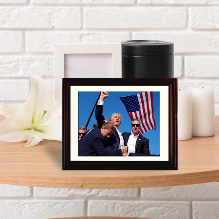 Trump Photo Frame 10"x8" | Trump Assassination Attempt Never Surrender Mugshot Photograph | The President's Man Donald J. Trump Merchandise | Trump Keep Fighting Fist Pump Framed Photo