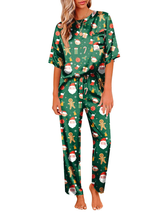 Ekouaer Christmas Pajamas Christmas Pj Set Christmas Outfit Silk Pajama Set Womens Sleepwear Satin Pant Set Soft Christmas Lounge Set Green Christmas Satin Loungewear Set Pijamas Green Christmas S