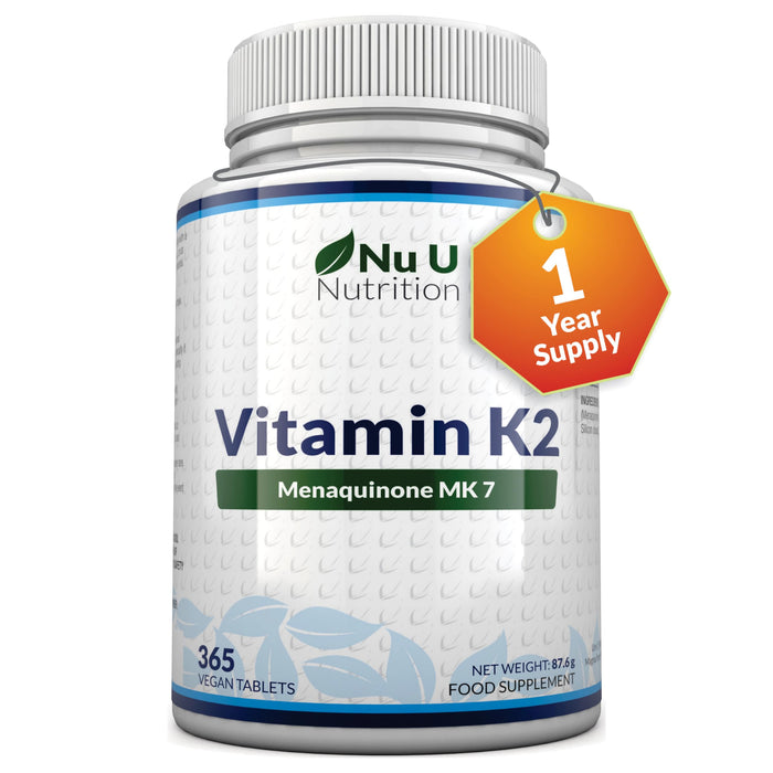 Vitamin K2 MK 7 200mcg - 365 Vegan Tablets (not Capsules) - 1 a Day - 1 Year Supply - High Strength VIT K2 Menaquinone - Made in The UK - Nu U Nutrition