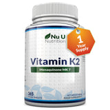 Vitamin K2 MK 7 200mcg - 365 Vegan Tablets (not Capsules) - 1 a Day - 1 Year Supply - High Strength VIT K2 Menaquinone - Made in The UK - Nu U Nutrition