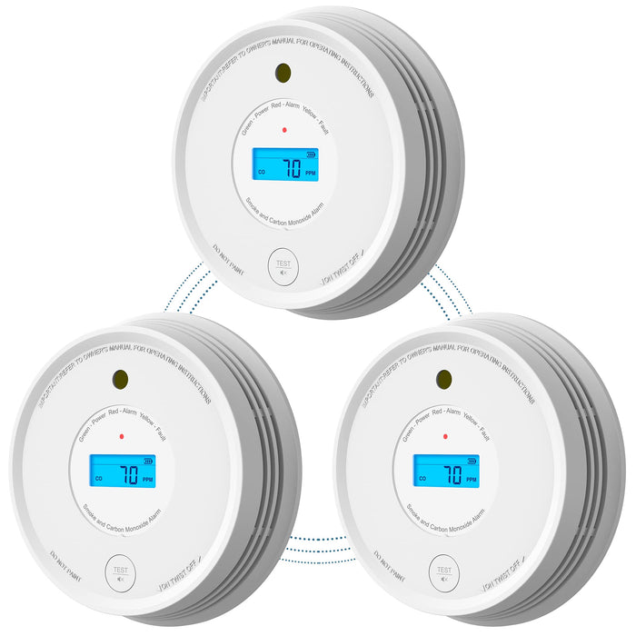 AEGISLINK Smoke Carbon Monoxide Detector, Interlinked Combination Smoke CO Alarm, Battery Powered, Wireless Interconnected, Digital Display, SC-RF220, 3-Pack