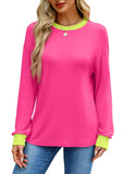 WIHOLL Christmas Shirts for Women Casual Long Sleeve Tunic Tops Color Block Sweatshirt Hot Pink L