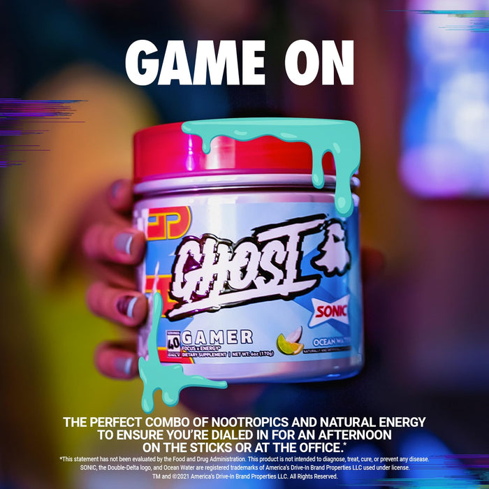 GHOST Gamer: Energy and Focus Support Formula - 40 Servings, Sonic Ocean Water - Nootropics & Natural Caffeine for Attention, Accuracy & Reaction Time - Vegan, Gluten-Free