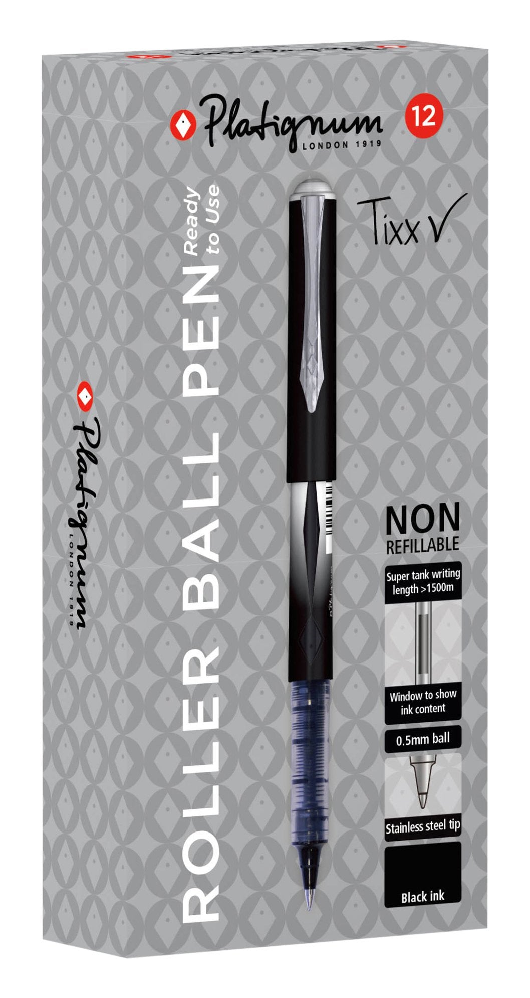Platignum Tixx Black Gel Ink Roller Ball Pen [Pack of 12] 1500 m Writi