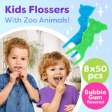 Kids Flossers 8 Pack (400 Total), Kids Floss Picks, Flossers Kids, Floss for Kids, Cute Animal Shapes, Glides Easy Between Teeth, Flosser Helps Prevent Tooth Decay & Gum Disease, Bubble Gum Flavored