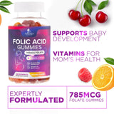 Folic Acid Gummies for Women 785 mcg, Essential Prenatal Vitamins for Mom & Baby, Vegan Folic Supplement Gummy, Vitamin B9 Chewable Extra Strength Folate, Before During After Pregnancy - 120 Gummies