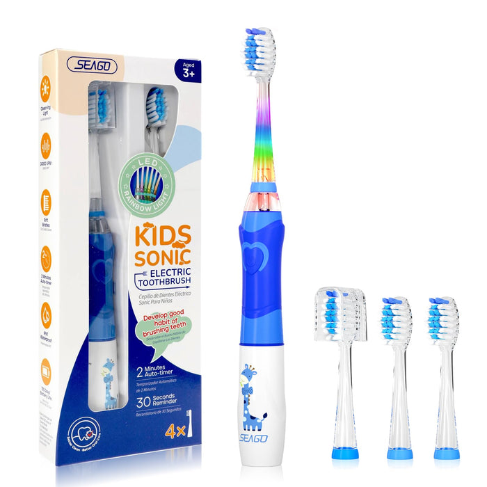 SEAGO Kids Electric Toothbrush with 2 Mins Brushing Timer and 4 Replacement Bursh Heads, Rainbow LED Light make Brushing Fun, Blue Color Boys Battery Powerd Toothbrush for 4-12 Years Old