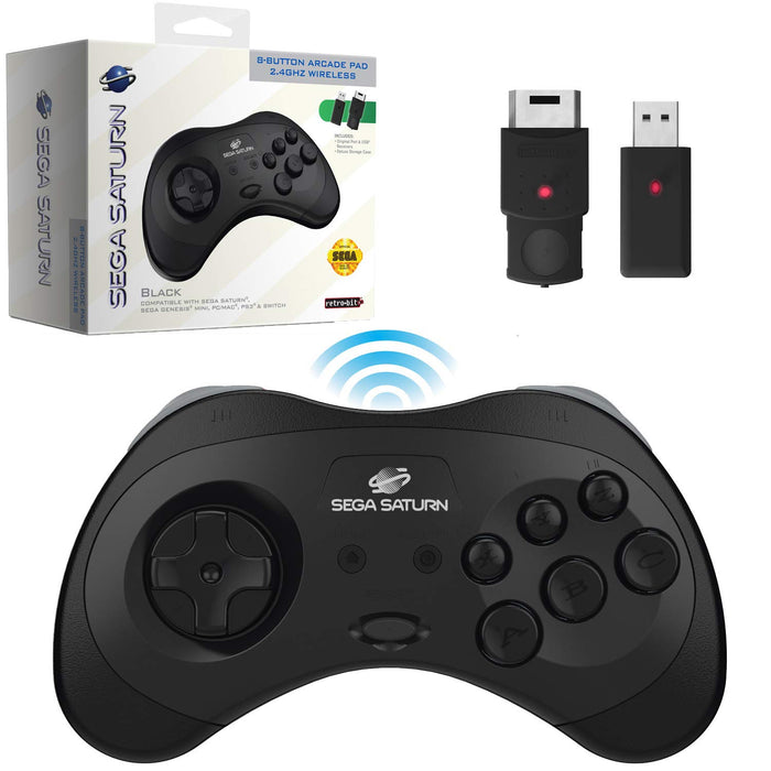 Retro-Bit Official Sega Saturn 2.4 GHz Wireless Controller for Sega Saturn, Sega Genesis Mini, Switch, PS3, PC, Mac - Includes 2 Receivers & Storage Case (Black)