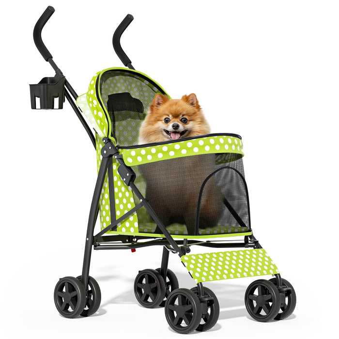 MoNiBloom 4 Wheels Pet Stroller, Easy-Fold Umbrella Shaped Dog Cat Jogger Stroller w/Storage Bag & Visible Mesh for Small/Medium Dogs Cats Lawn Green Polka Dots