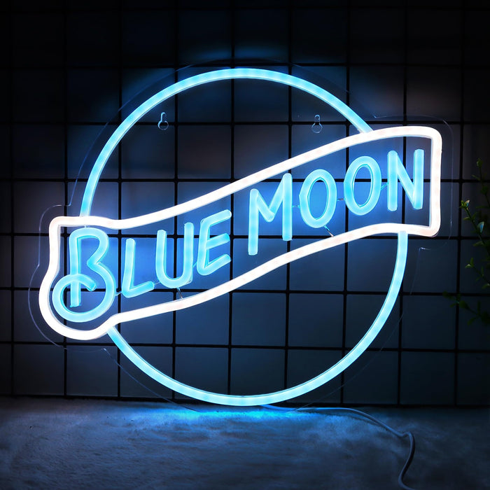 JFLLamp Blue Moon Neon Signs for Wall Decor Neon Lights for Bedroom Led Signs Suitable for Man Cave Bar Pub Restaurant Christmas Birthday Party Gift 5V Usb Power, 14 * 12.2 Inch(Azure+White)