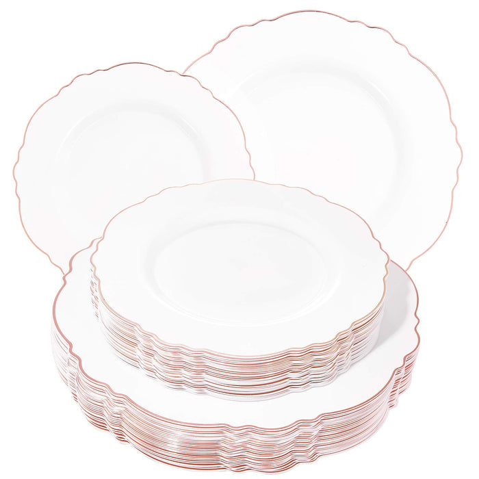 WDF 60pcs Rose Gold Plastic Plates-Baroque White &Rose Gold Disposable Plates including 30Plastic Dinner Plates 10.25inch, 30 Salad Plates 7.5inch for Wedding& Parties