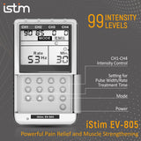 iSTIM EV-805 TENS EMS 4 Channel Rechargeable Combo Machine Unit - Muscle Stimulator + Back Pain Relief and Management- 24 Programs/Backlit (Including Electrodes Pads)