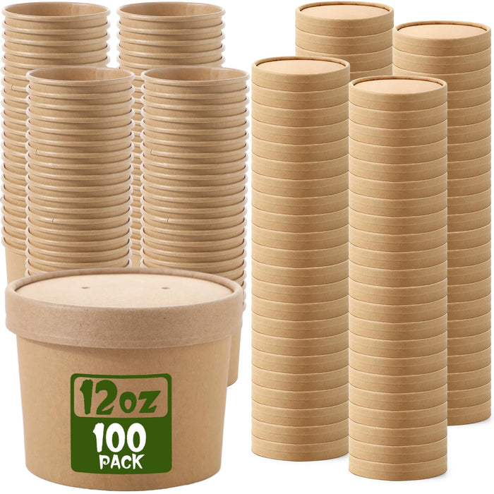 Fulmoon 100 Pack Paper Soup Containers with Lids Disposable Paper Food Containers with Vented Lids Kraft Ice Cream Containers Bowls Soup Cup Ice Cream Cups for Soups Stews Restaurants (Brown,12 oz)