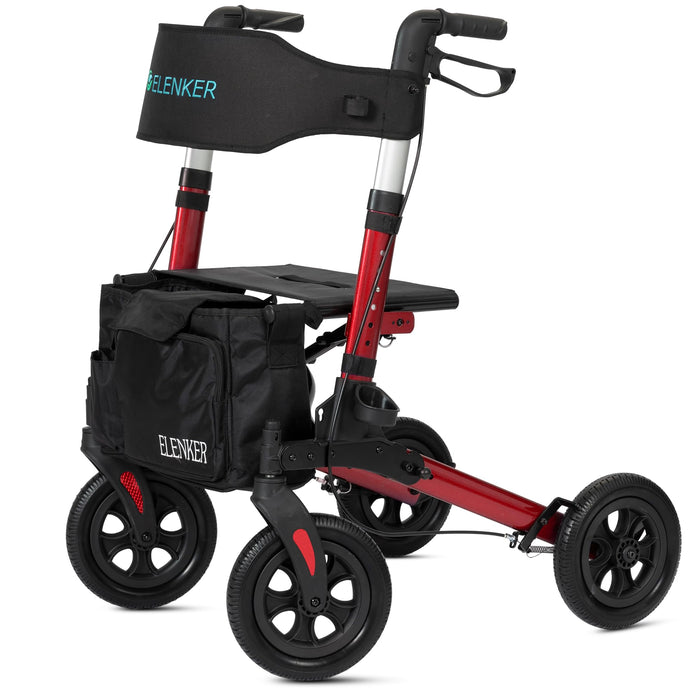 ELENKER All-Terrain Rollator Walker with Seat, Outdoor Rolling Walker, 10” Non-Pneumatic Tire Wheels Compact Folding Design for Seniors, Red