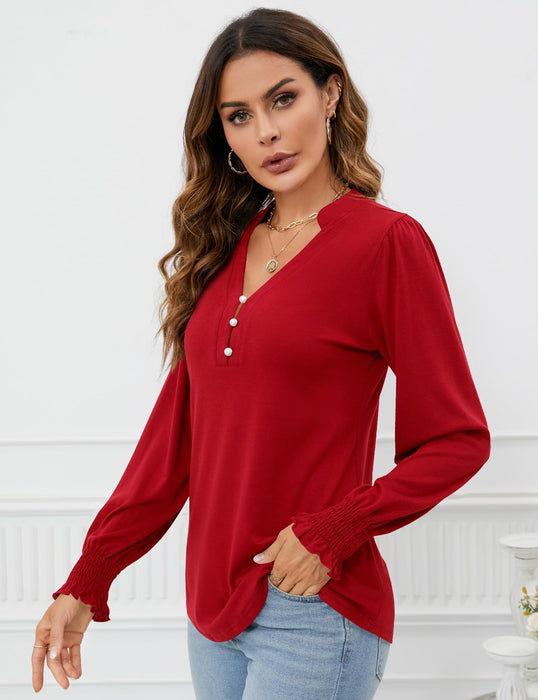 Red Christmas Blouse for Women Dressy Casual V Neck Long Seleeve Tunic Tops Womens Trendy Fashion 2024 Red L