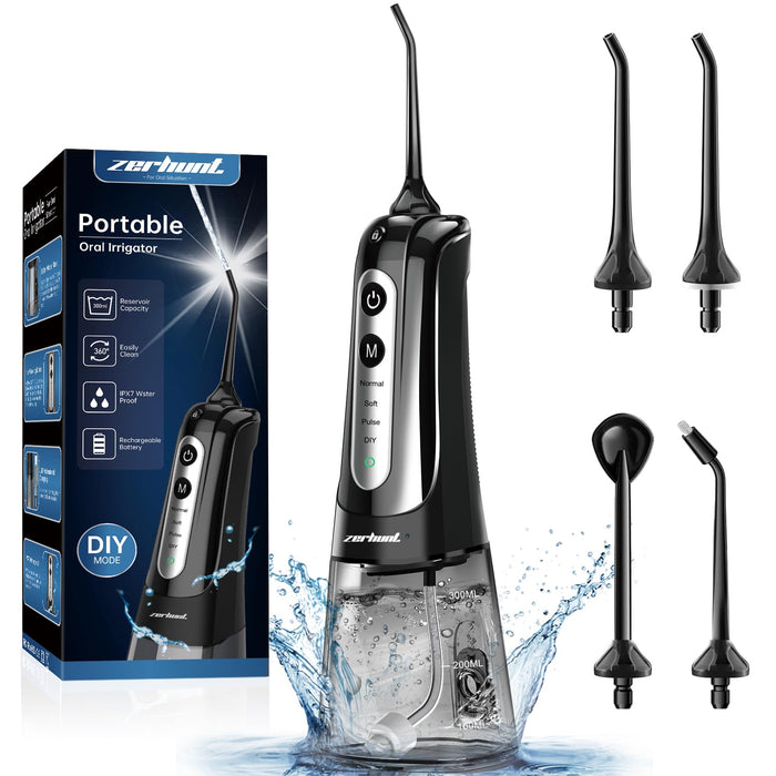 Water Dental Flosser Pick for Teeth: 4 Modes Cordless Portable Water Flossers Teeth Cleaner Rechargeable 300ML IPX7 Waterproof Oral Irrigator Flossing Cleaning Picks for Home Travel, Black