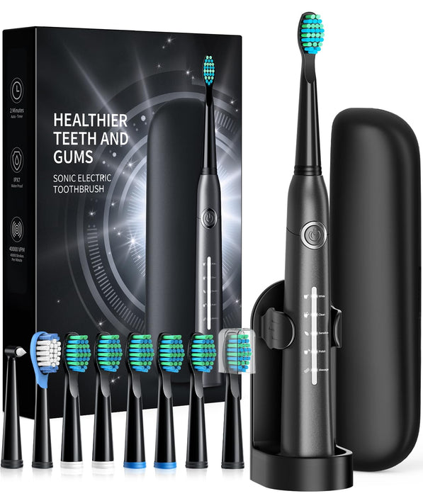 TEETHEORY Electric Toothbrush with Travel Case, Sonic Toothbrush for Adults with 8 Brush Heads for 2-Year Use, 40000 VPM Deep Clean Rechargeable Toothbrushes Last 30 Days with 5 Mode (Grey)