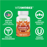 VitaWorks Kids Vitamin D 1000 IU Chewable Tablets - Tasty Natural Orange Flavor - Vegan, GMO-Free, Gluten Free, Nut Free Vitamins - Dietary Supplement for Immune Support - for Children - 120 Chewables
