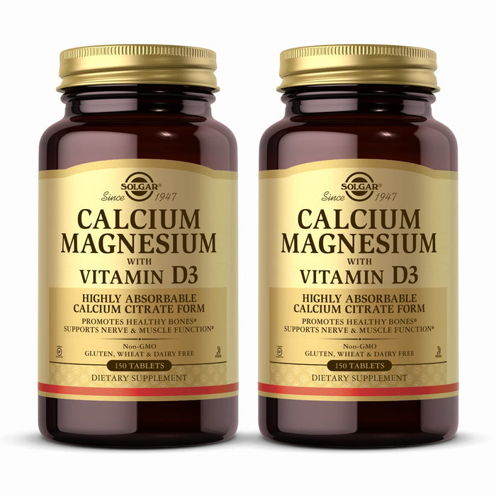 Solgar Calcium Magnesium with Vitamin D3-150 Tablets, Pack of 2 - Promotes Healthy Bones, Supports Nerve & Muscle Function - Non-GMO, Gluten Free, Kosher - 60 Total Servings