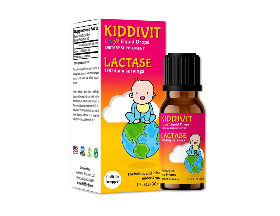 Kiddivit Baby Lactase Liquid Drops 1000 Units - 100 Daily Servings, 1 Fl Oz (30 mL) - Built-in Dropper, Glass Bottle - Sugar Free, Gluten Free, Vegetarian Friendly