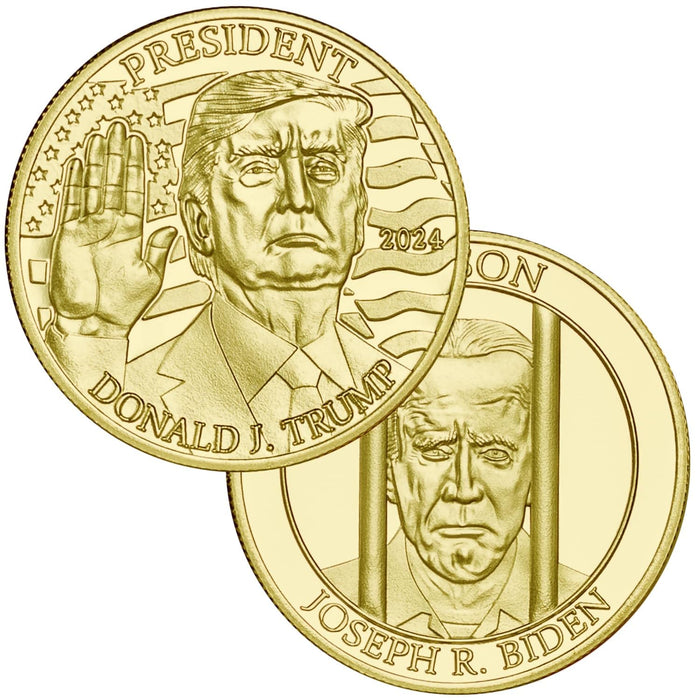 Generic President Prison 2024 Election Commemorative Pro-Trump Coin Set, Features Victorious President Trump w/Biden in Prison, Layered in Pure 24-Karat Gold, Double-Sided Display & Certificate