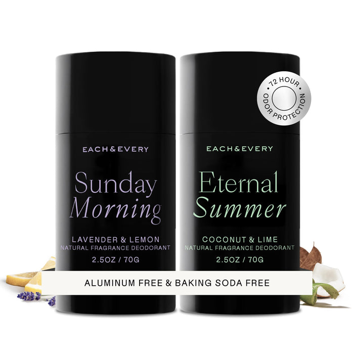 Each & Every Aluminum Free Deodorant for Women & Men – Natural Fragrance All Day Odor Protection, Sensitive Skin, EWG Verified Baking Soda Free - Lavender & Lemon + Coconut & Lime 2 Pack, 2.5oz
