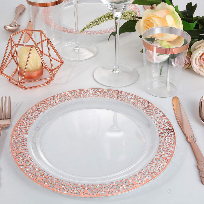 I00000 102 Pieces Rose Gold Plastic Lunch Plates, 9” Clear Disposable Dinner Plates with Rose Gold Lace Rim, Ideal for Big Parties or Wedding for Wedding & Party