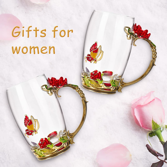 OEAGO Gifts for Women Mom Mothers Valentines Day Tea Cup Best Birthday Butterfly Rose Gifts for Her from Daughter Son Glass Coffee Christmas Enamels Mug Lead-Free with Spoon Set