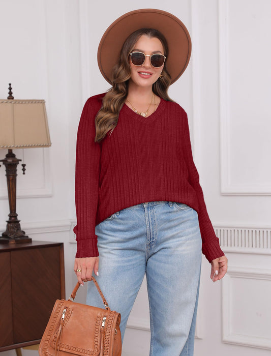 SAMPEEL Long Sleeve Shirts for Women V Neck Basic Fall Tops Comfy Soft Winter Christmas Sweater 2024 Win Red L