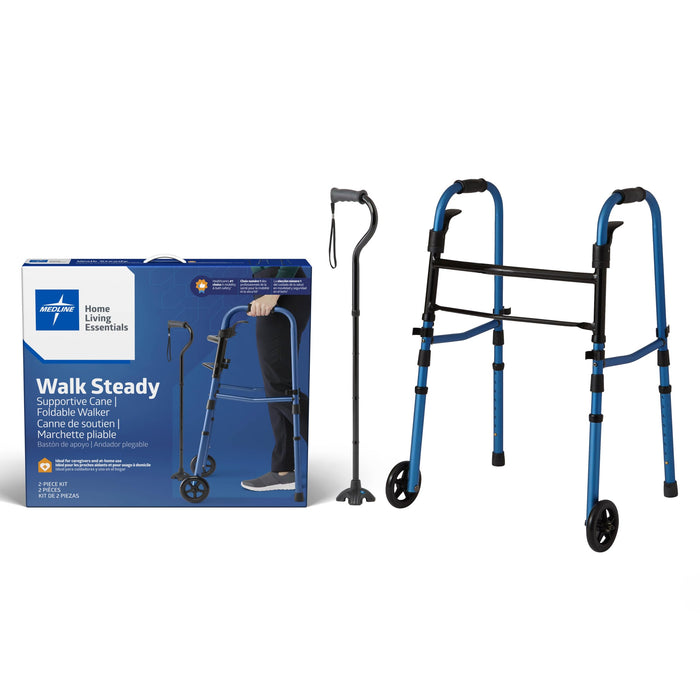 Medline Walker and Cane Combo Kit for Caregivers, Seniors and Adults: Mobility Aid for Seniors, Adults with Leg or Foot Injuries - 1 Ct.