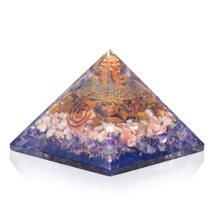 Orgonite Crystal Orgone Iron Will Pyramid with Tiger Eye, Sunstone and Amethyst Healing Crystals