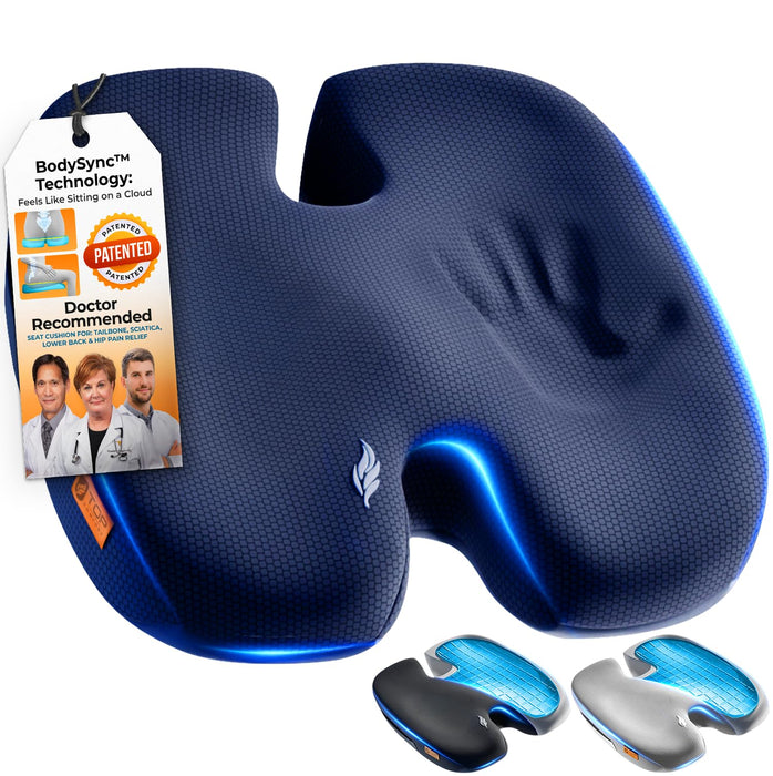 TOP COMFORT Seat Cushion, BodySync™ Technology with Non-Slip Gel & Memory Foam for Tailbone, Sciatica & Back Pain Relief, Office Chair Cushion, Car Seat Cushions for Driving (Dark Grey Blue)