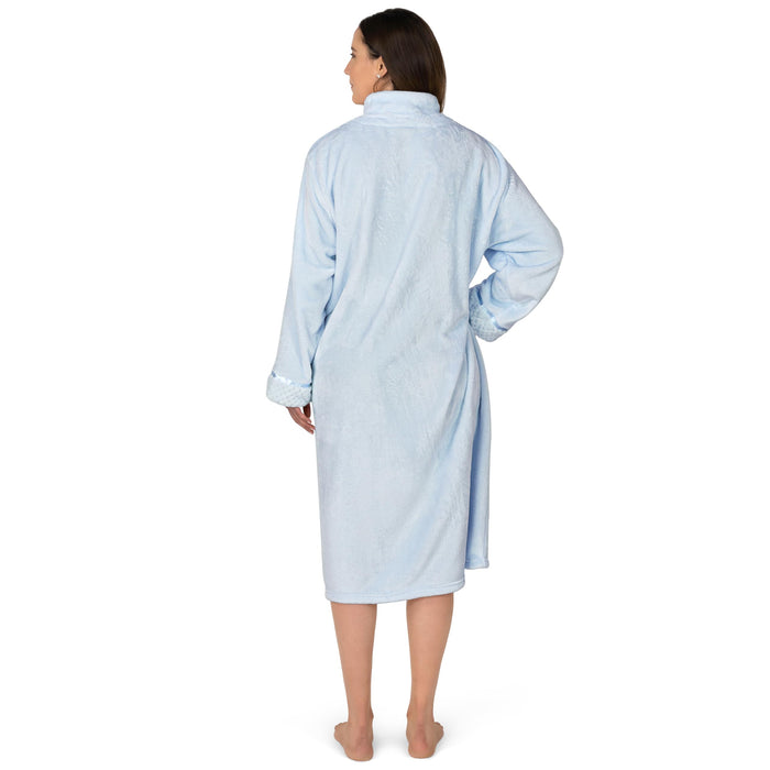 PAVILIA Womens Housecoat Zip Robe, Fleece Zip Up Front Robe Bathrobe, Plush Warm Zipper House Coat Lounger for Women Ladies Elderly with Satin Trim, Pockets, Long - Light Blue (Large/X-Large)