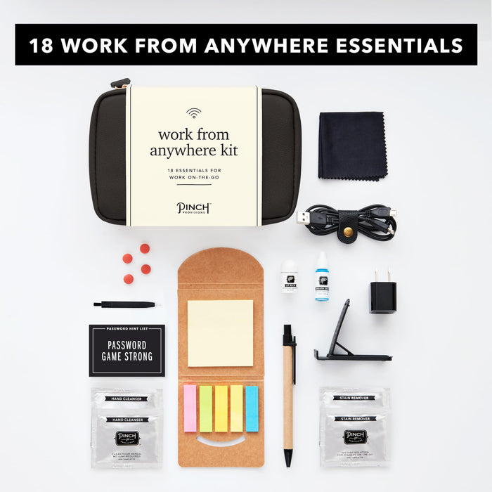 Pinch Provisions Work from Anywhere Kit, includes 18 Essentials to Help You Stay on Task, Must-Have Essentials, Compact Multi-Functional Vegan Leather Pouch, Black