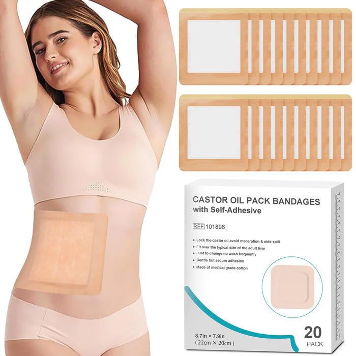 20Pcs Castor Oil Pack Wrap, Castor Oil Packs for Liver Detox, Highly Absorbent 8.7"*7.9" Self-Adhesive Castor Oil Wrap Organic Cotton, No Wash, Easy to Use, Anti-Seepage(Oil Not Included)