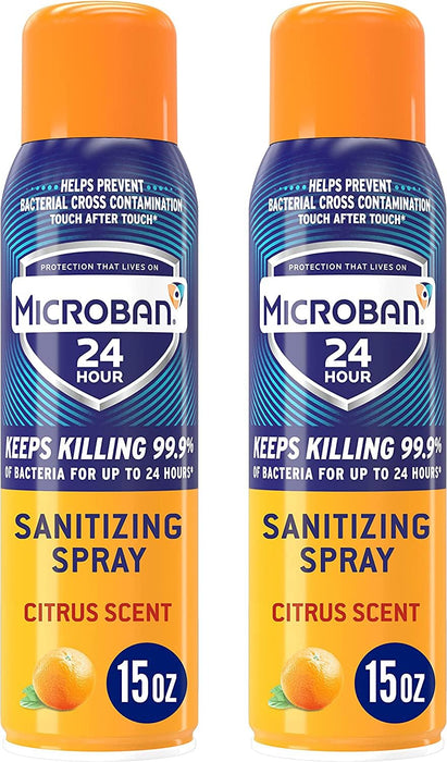 MICROBAN Disinfectant Spray, 24 Hour Sanitizing and Antibacterial Spray, Sanitizing Spray, Citrus Scent, 2 Count (15oz Each) (Packaging May Vary)